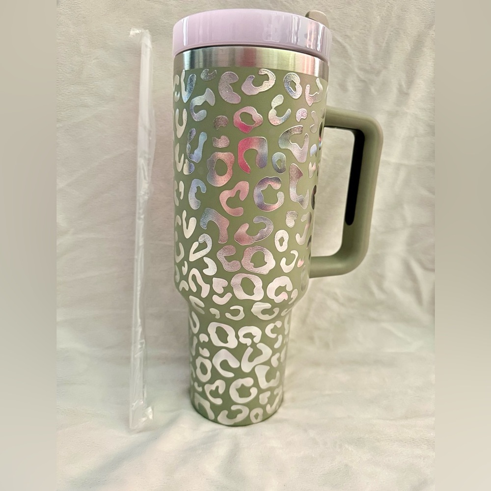 Iridescent sage green leopard print 40 oz tumbler